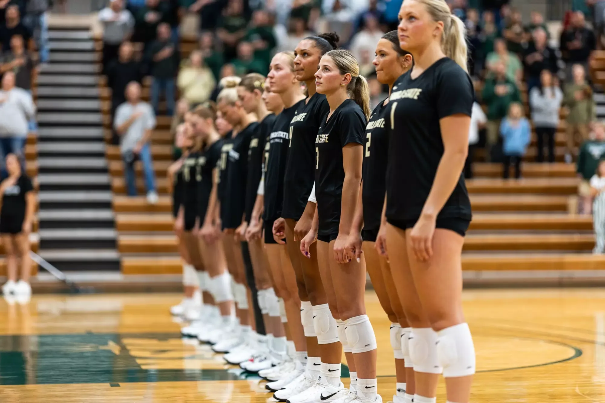 Members of the Bemidji State volleyball team stand in a line during pregame introductions prior to a match against the University of Jamestown.