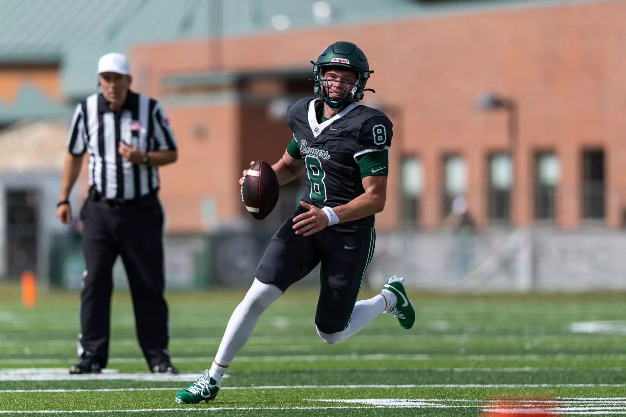 Bemidji State quarterback No. 8 carries the football in open space as an official follows.