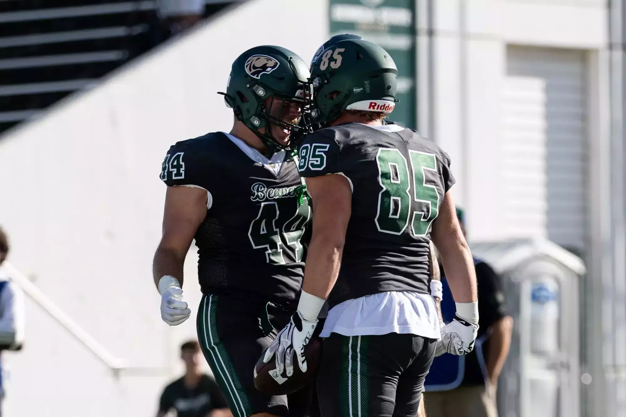 Bemidji State players No. 44 and No. 85 stand together after the touchdown ruling.