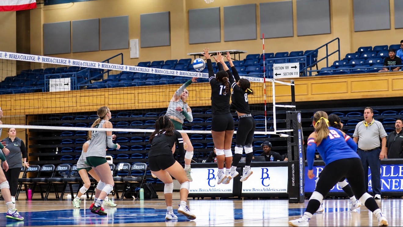 Volleyball team blocking net