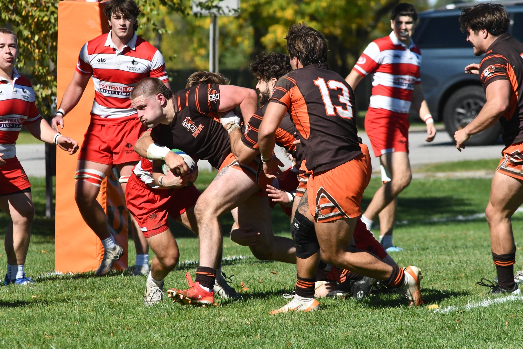 Prop Phil Tracey heads for the try line for the first of his three tries in the match.