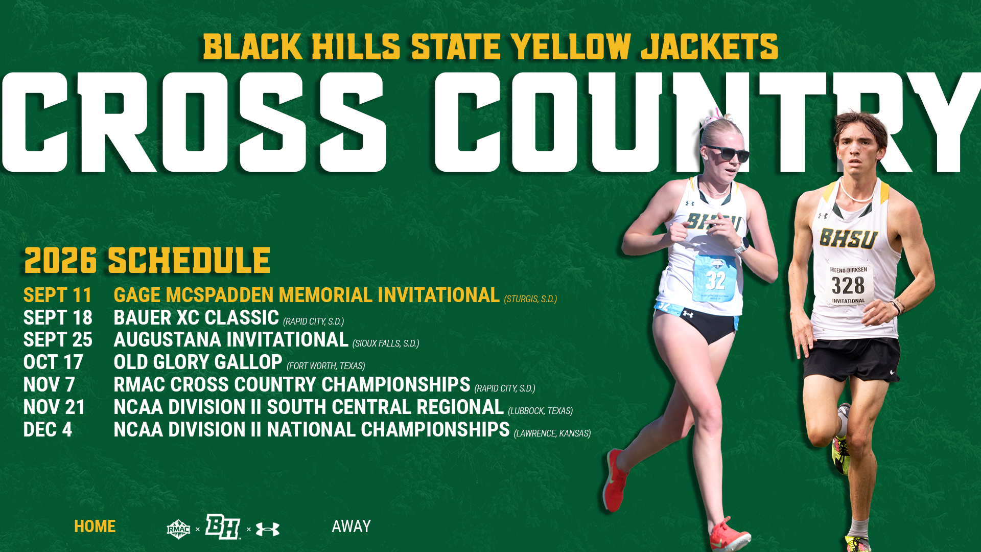 2026 Black Hills State Men's & Women's Cross Country Schedule Graphic (Schedule includes September 11 at the Gage McSpadden Memorial Invitational, September 18 at the Bauer XC Classic, September 25 at the Augustana Invitational, October 17 at the Old Glory Gallop, November 7 at the RMAC Cross Country Championships, November 21 at the NCAA Division II South Central Regional, and December 4 at the NCAA Division II National Championships)