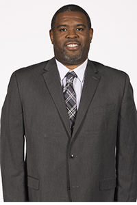 Binghamton University men's basketball marketing photo, photographed October 18, 2023 at the Events Center. Assistant coach Marlon Guild