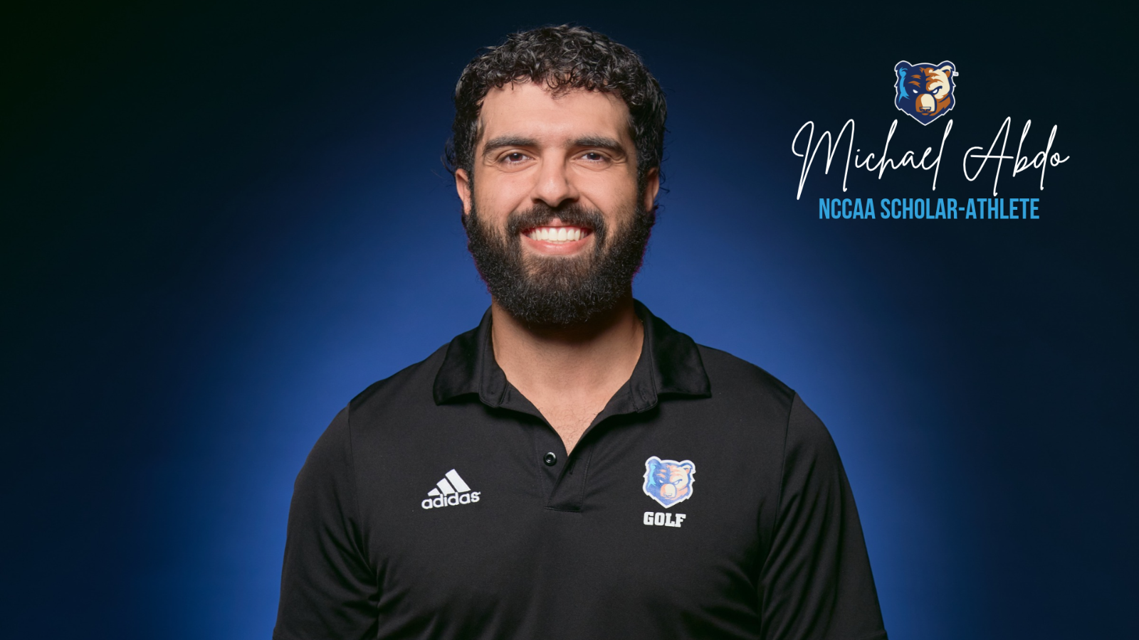 Headshot of Bruins Golf Player with words in the top left corner that read Michael Abdo NCCAA Scholar Athlete