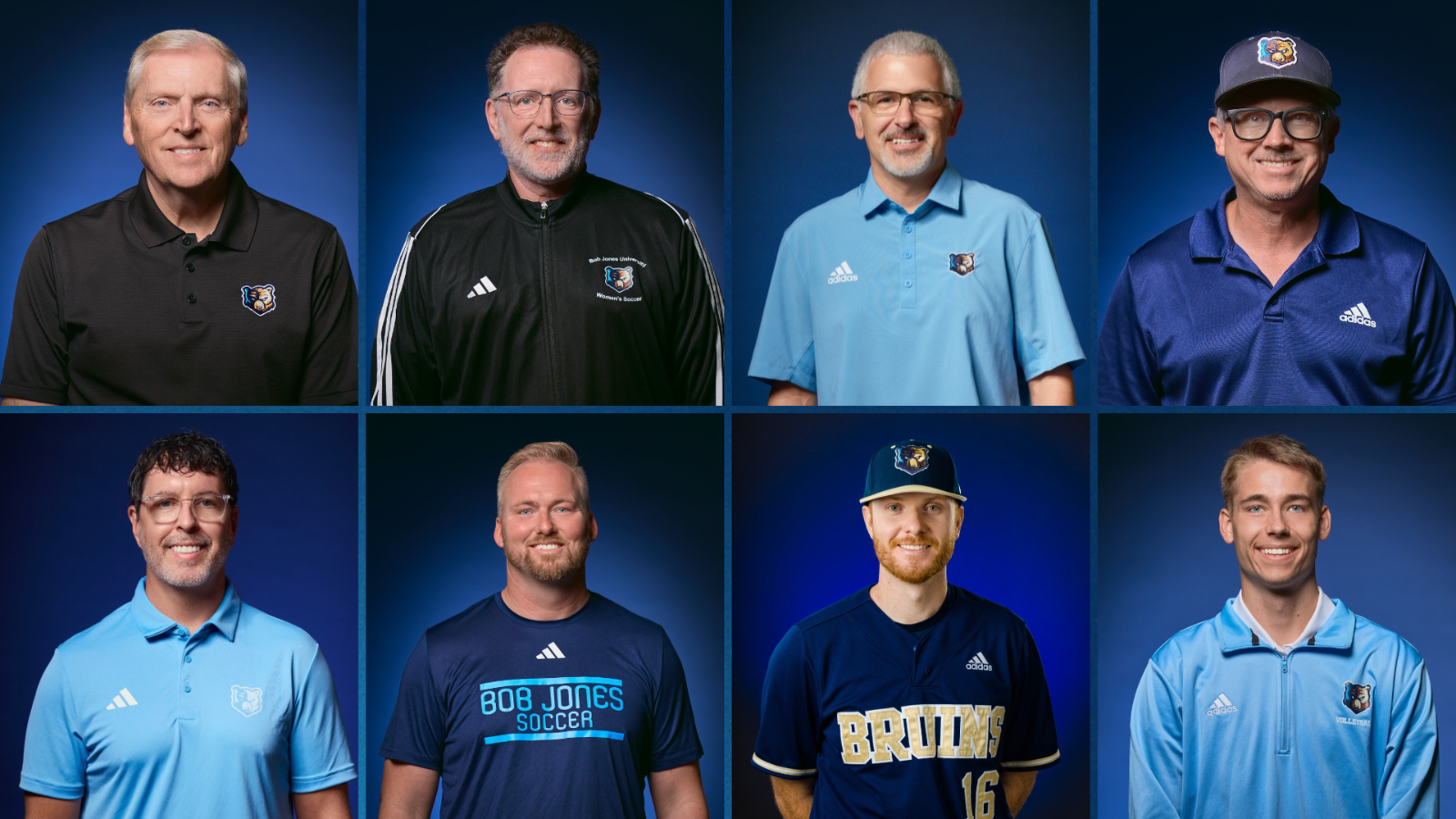 grid of eight squares with headshots of Bruins coaches