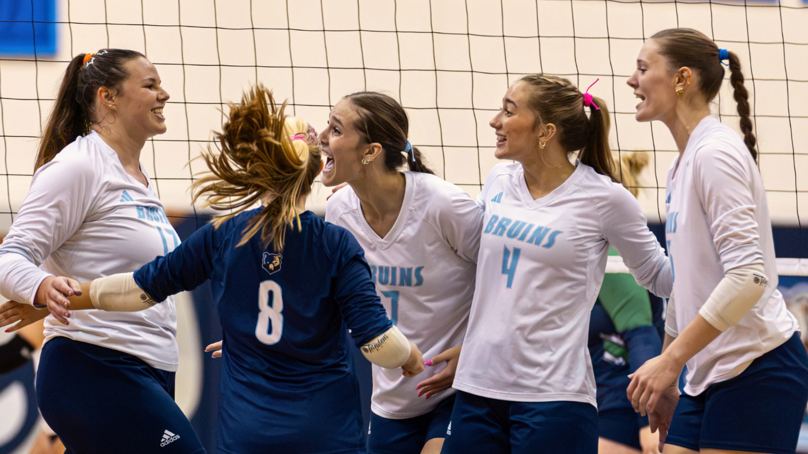 Volleyball players celebrating together in a huddle