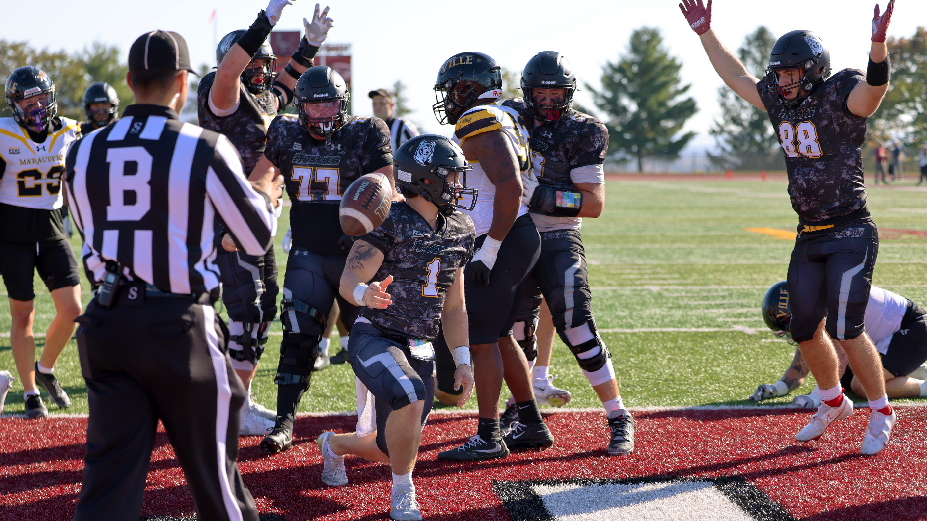 Declan Clancy celebrates his touchdown against Millersville