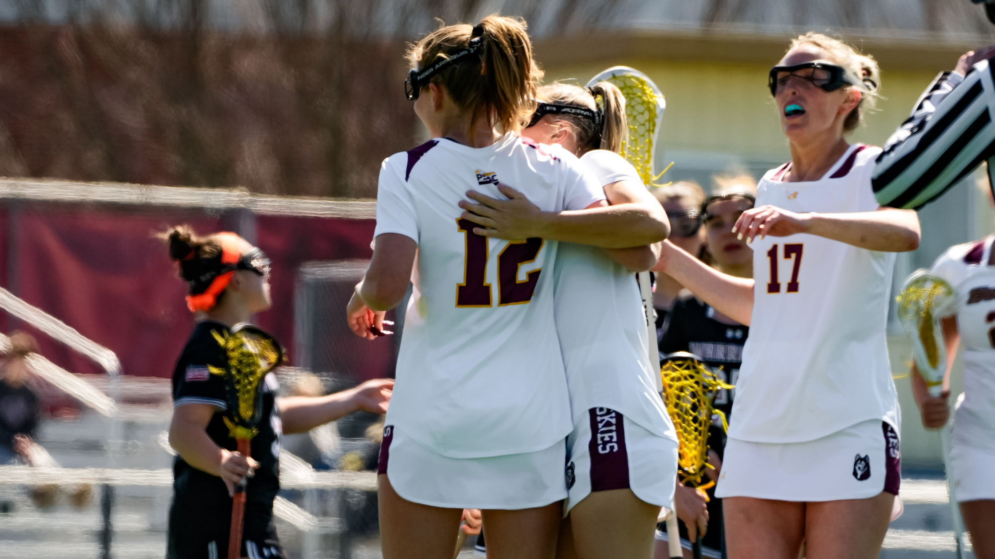Marykate Sitko is congratulated for scoring a goal against East Stroudsburg