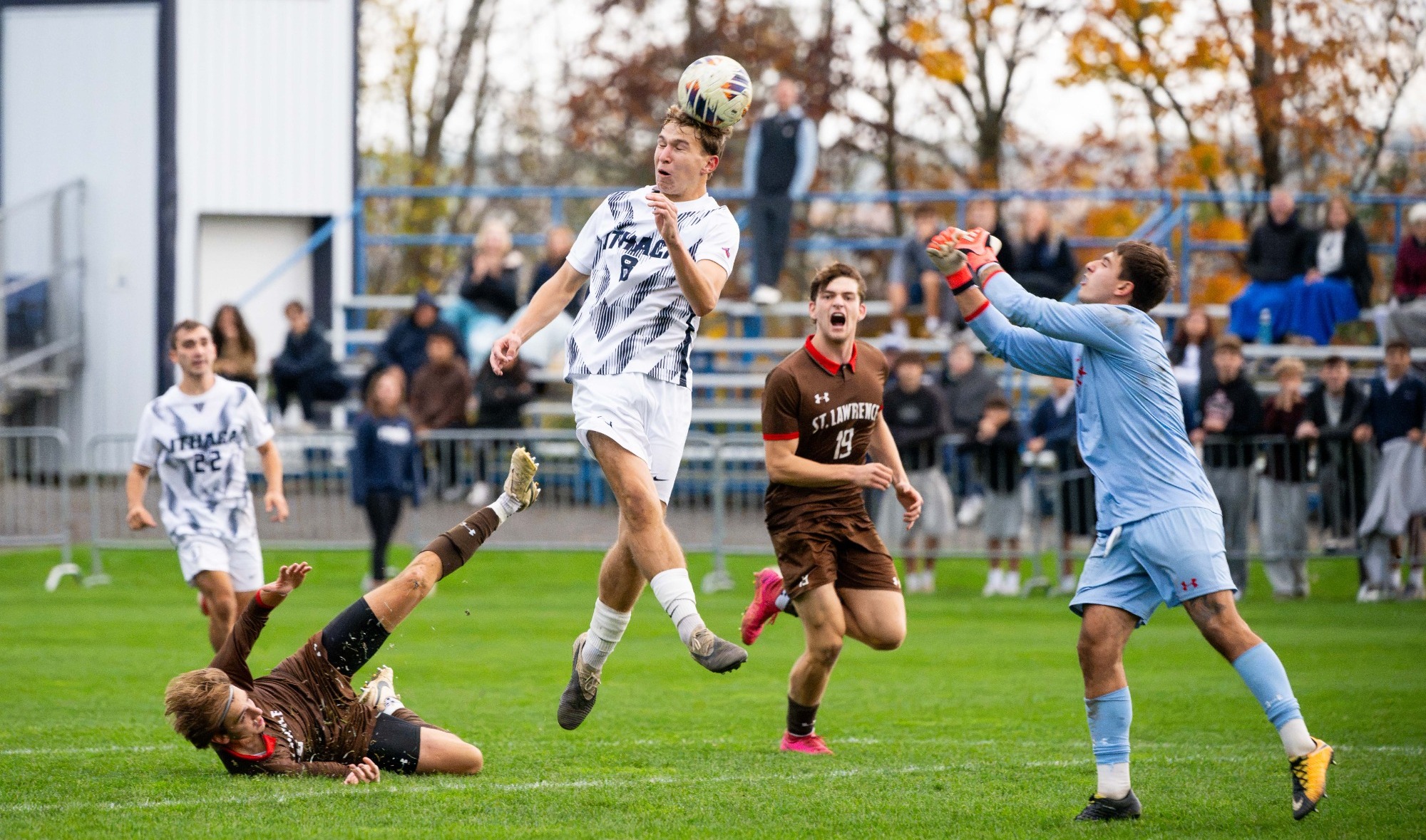 Maddox Ward head's the game-tying goal past SLU GK