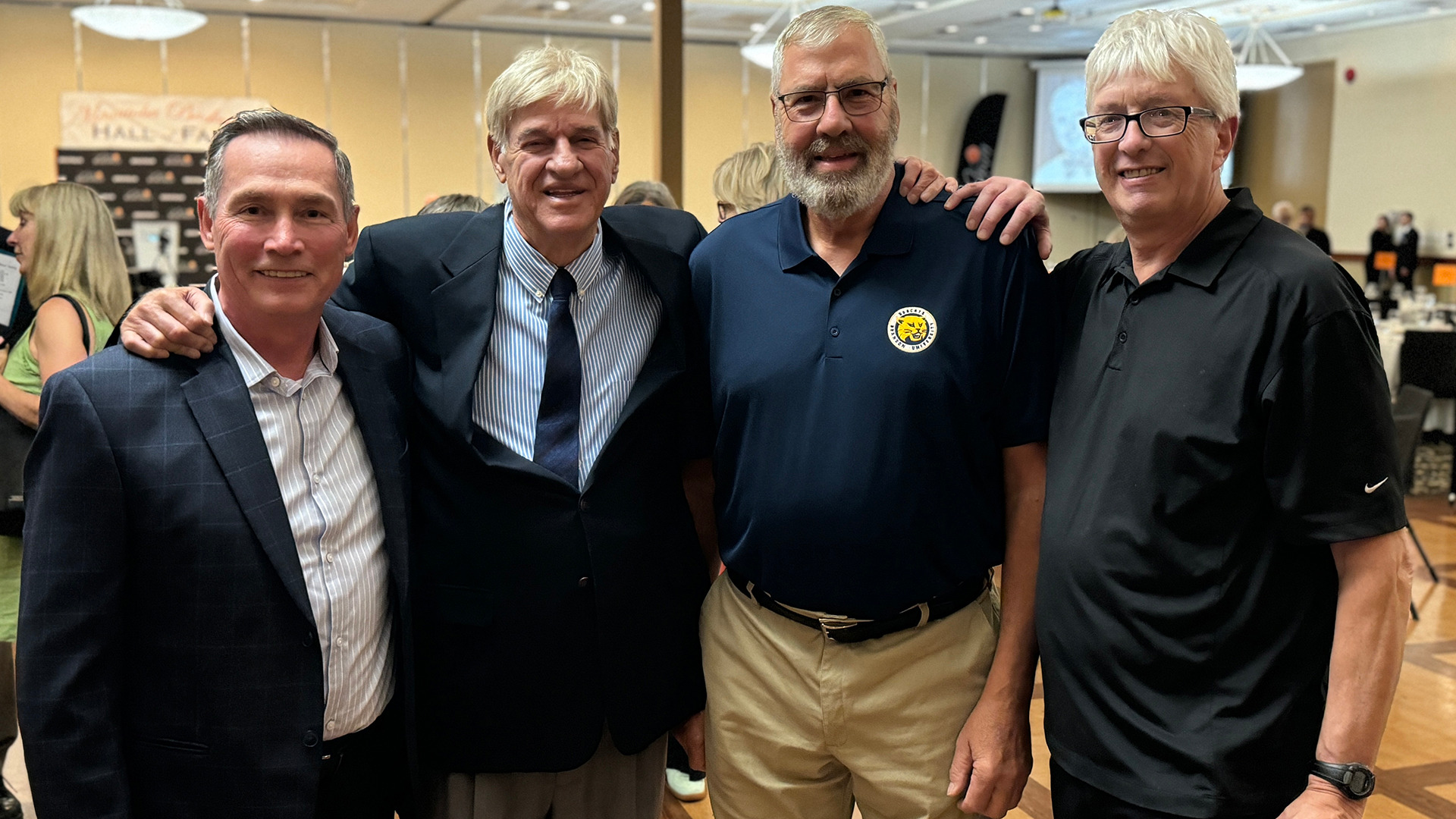 Bobcat alum Ray Houssin, Jerry Hemmings and Tom Price joined Keith Strieter at the Manitoba Basketball Hall of Fame ceremony.