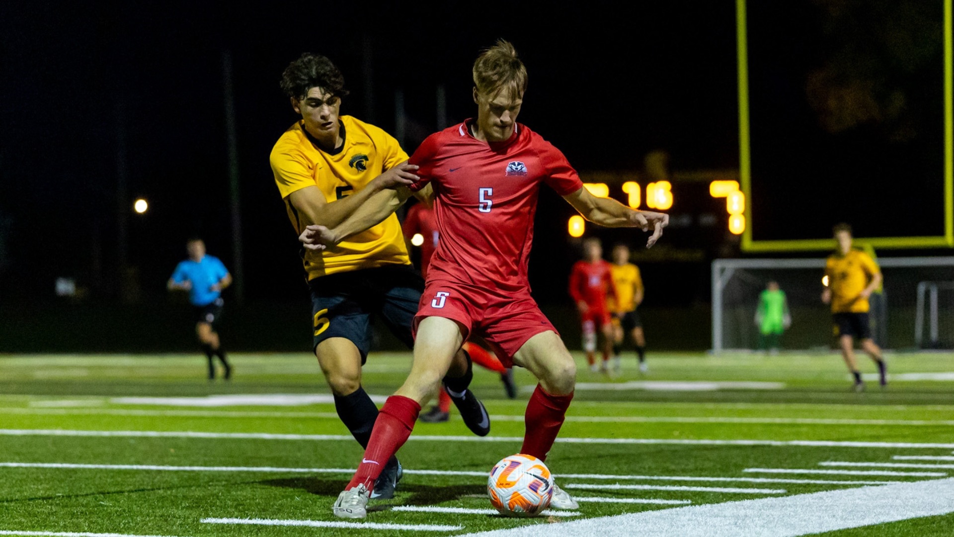 Ethan Miskolczi pictured keeping the ball away from a Waterloo Warriors defender.