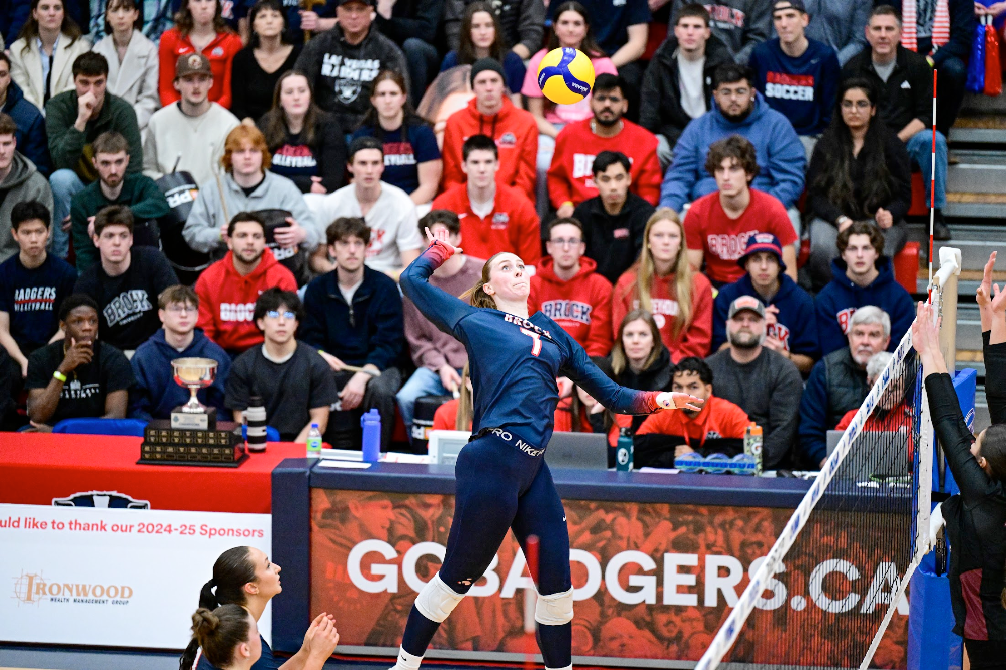 Sadie Dick goes up for a hit against the McMaster Marauders during the 2025 OUA Quigley Cup.