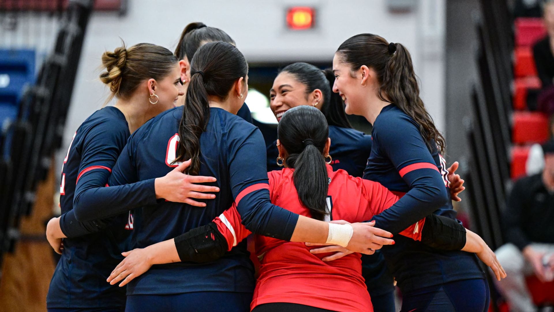 The Brock Women's volleyball team celebrates a point in OUA action at Bob Davis Gymnasium