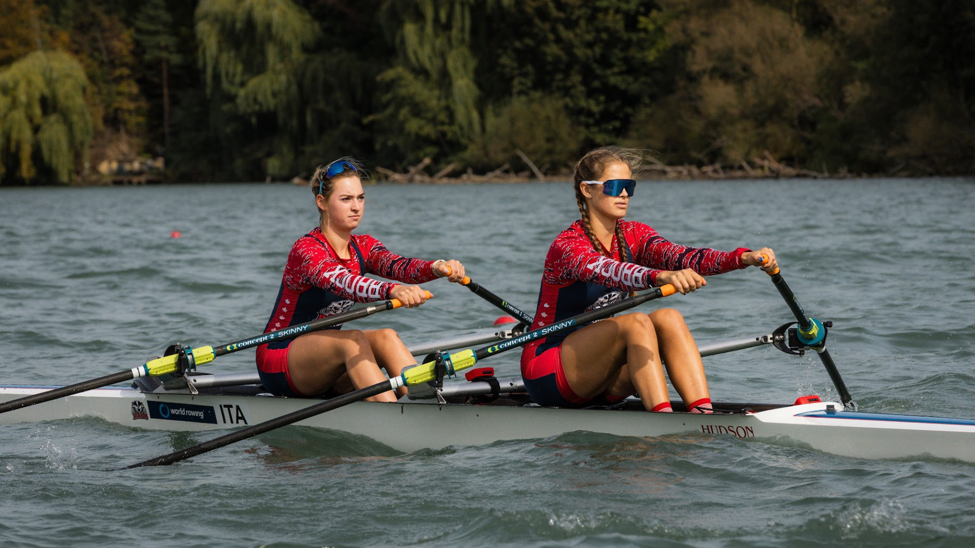 A pair of Brock women's rowers race