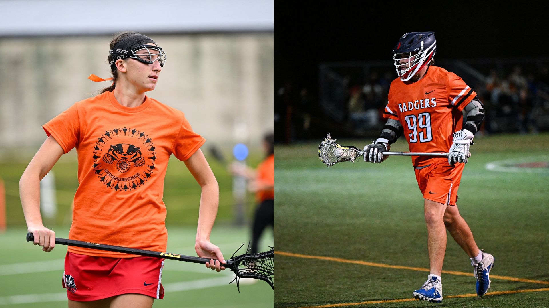 A pair of Brock Badgers lacrosse athletes pictures wearing orange clothing