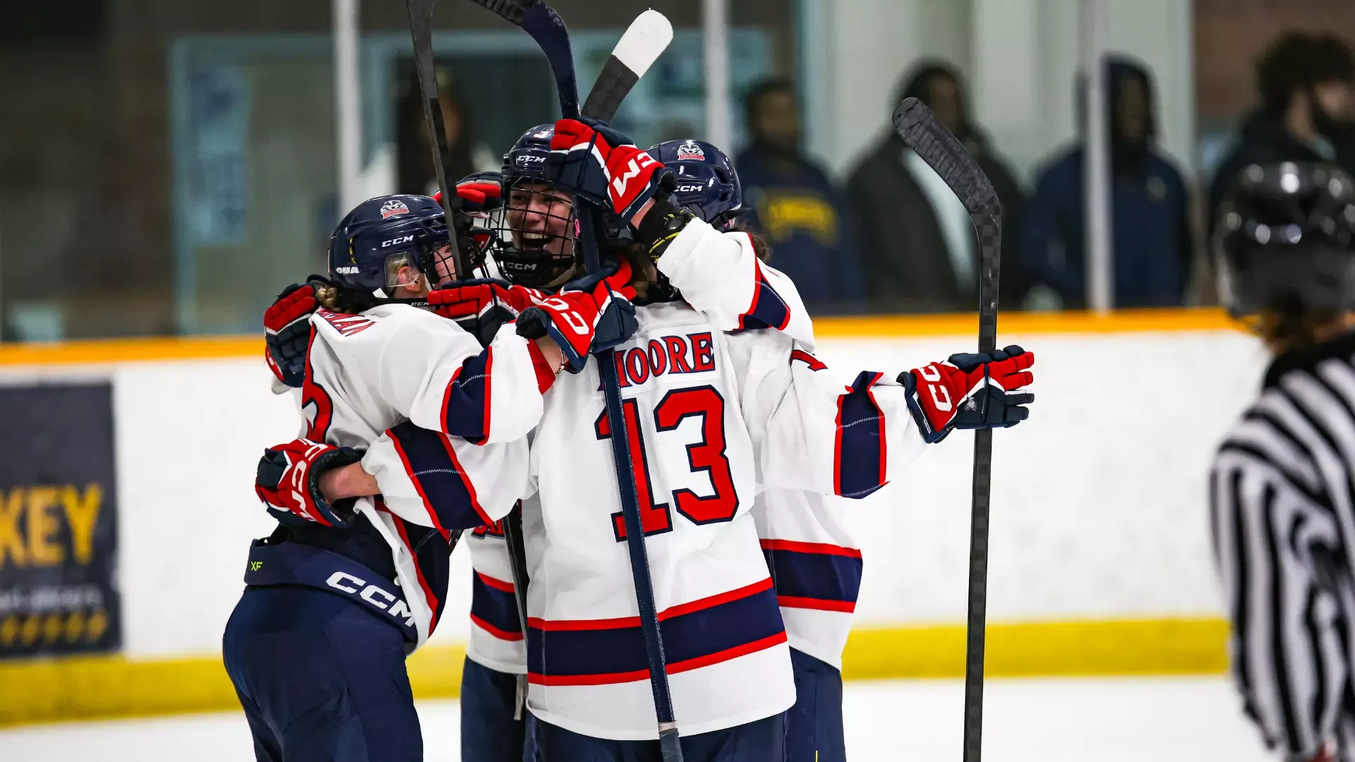 The Brock women's hockey team celebrates a goal against the Windsor Lancers on Saturday, Feb. 21 at the Capri Pizzeria Recreation Complex in Windsor, Ont.