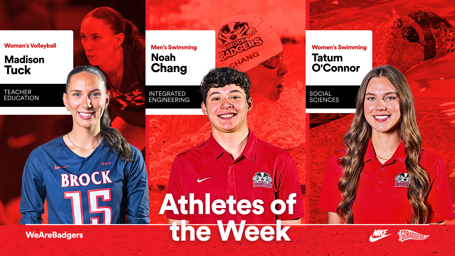 Madison Tuck, Noah Chang and Tatum O'Connor have been named Brock University Athletes of the Week