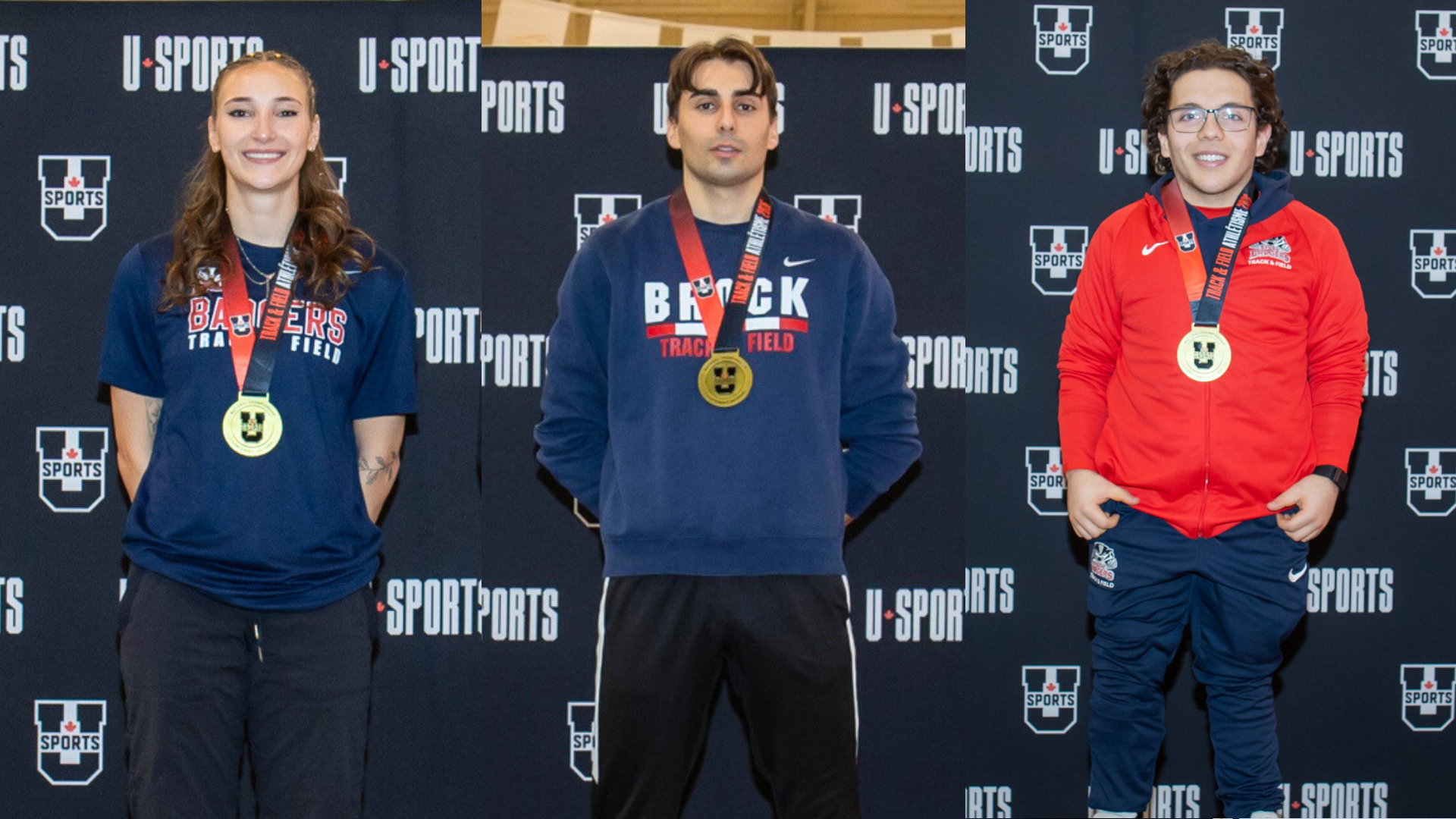 Chloe Zaraska, Michael Ivanov, and Rémi Oullette pose with their gold medals at the 2026 U SPORTS Championships in Winnipeg, Man.