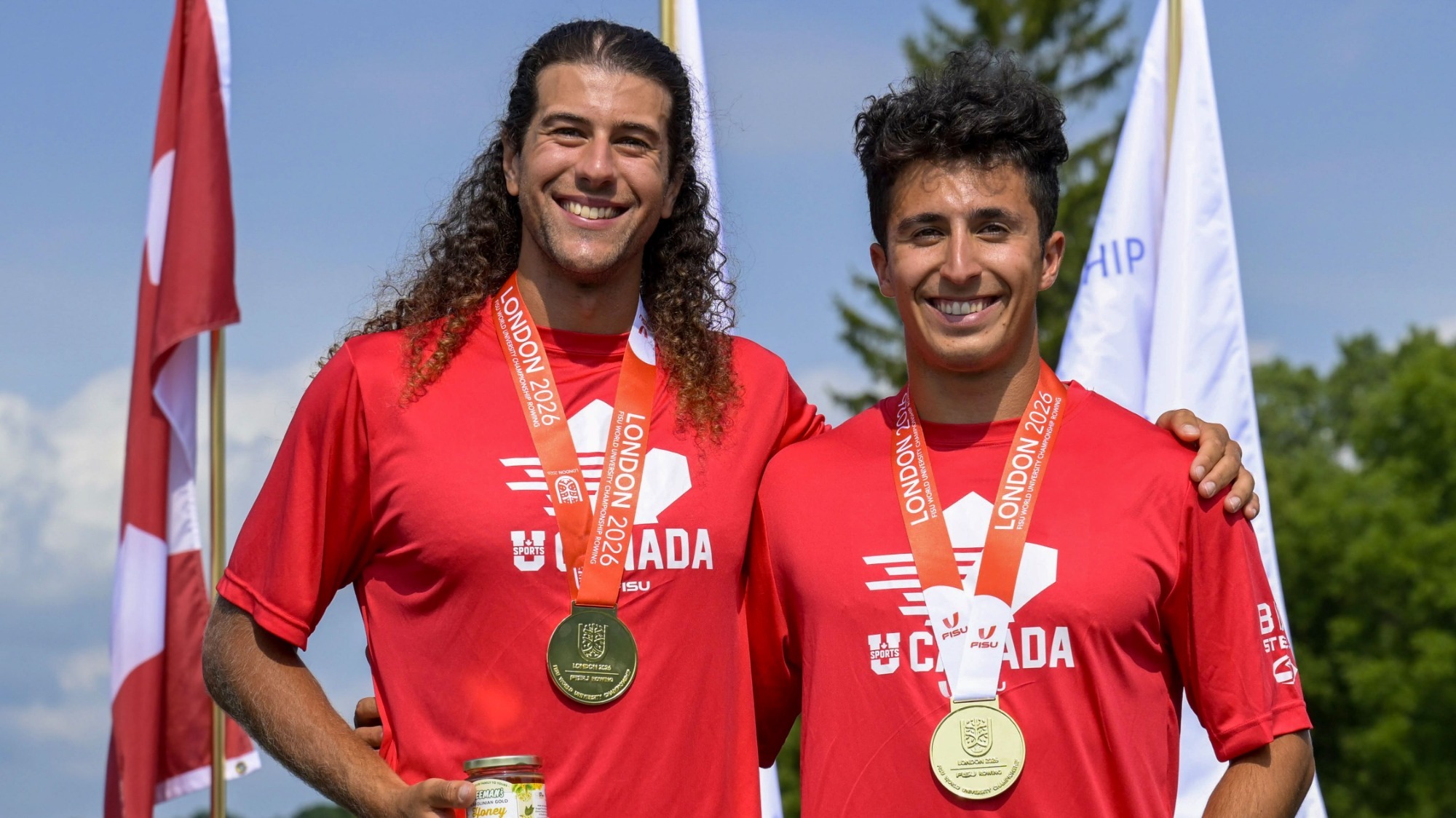 Brock Badgers Keithan Woodhouse (left) and Charles-Étienne Tabet (BBE ’26) recently won gold medals in the men’s double at the 2026 International University Sports Federation World University Rowing Championships in London, Ont.