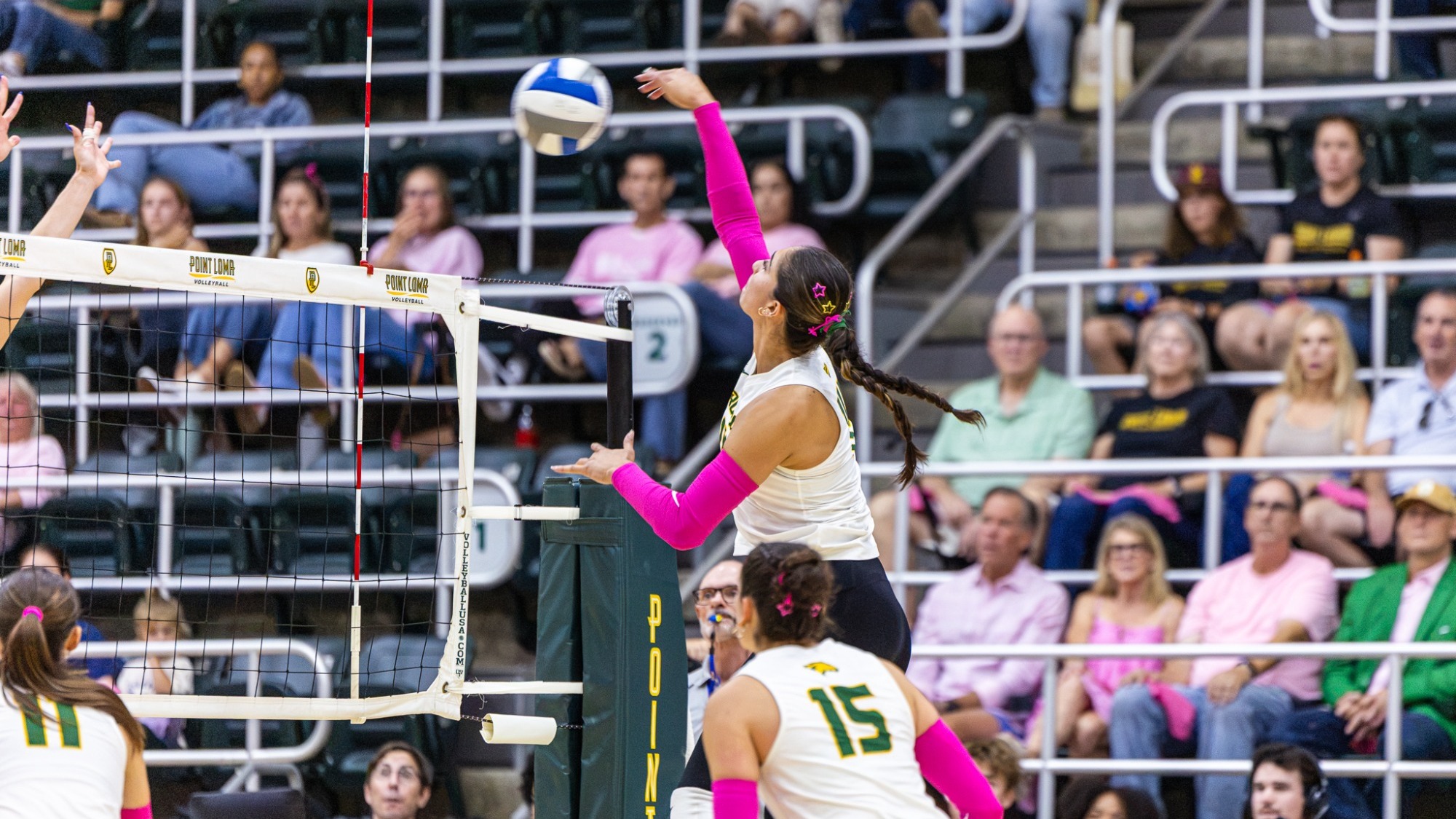 SAN DIEGO, California - The Point Loma Sea Lions compete against the Cal Poly Pomona Broncos during an NCAA Division II women’s volleyball match at the PLNU Golden Gymnasium on October 1, 2026. (Photo by Carlos Aguon)