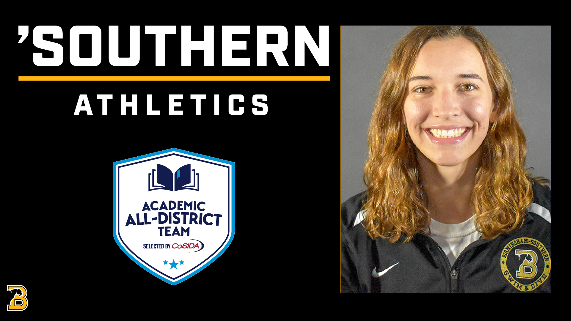 'Southern Athletics logo above the Co-Sida logo with headshot of Rebecca Erwin to the right