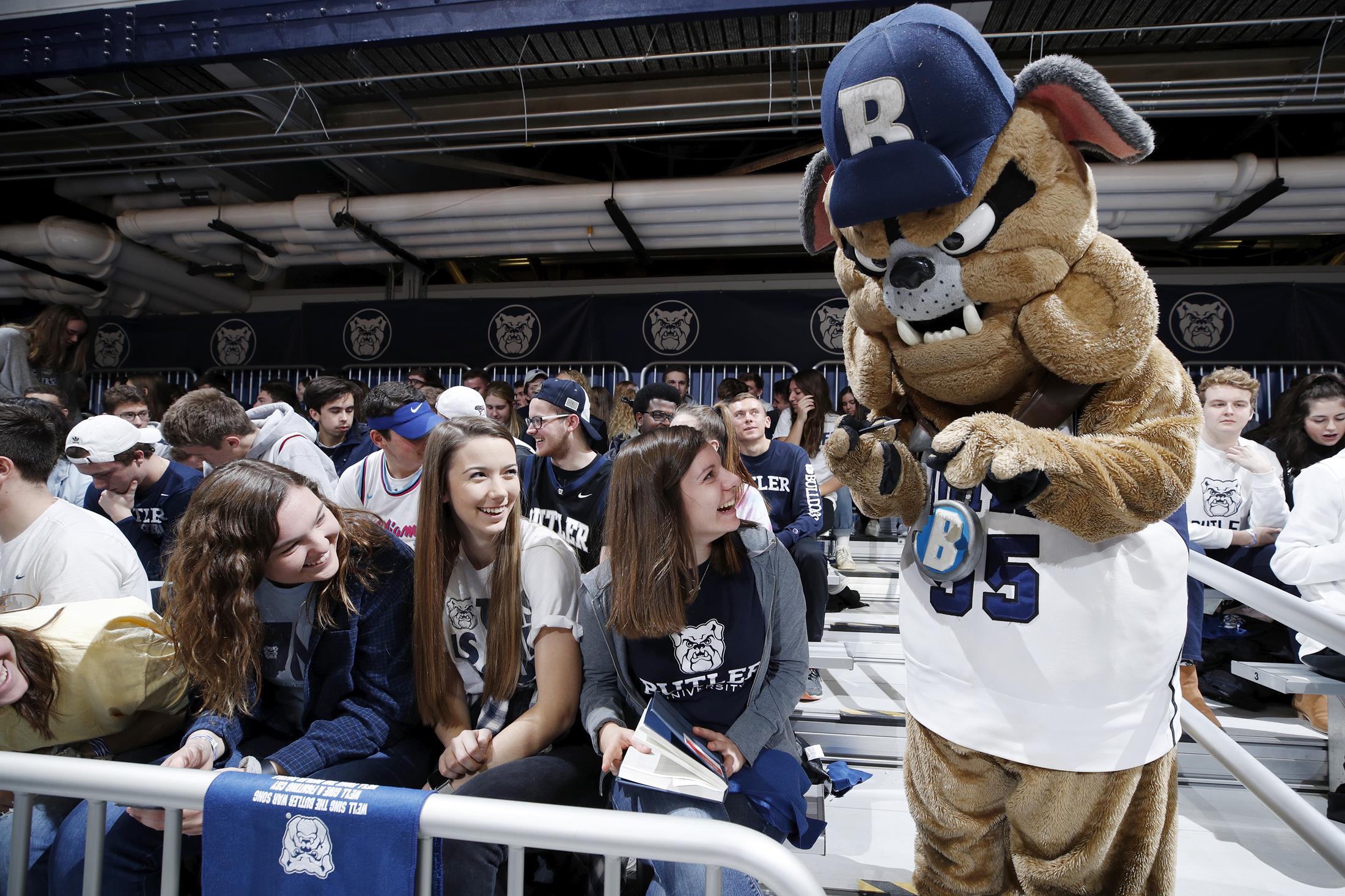 INDIANAPOLIS, IN - DECEMBER 07: Butler Bulldogs mascot Hink visits with fans in the student section prior to a game against the Florida Gators at Hinkle Fieldhouse on December 7, 2019 in Indianapolis, Indiana. Butler defeated Florida 76-62. (Photo by Joe Robbins) *** Local Caption *** 