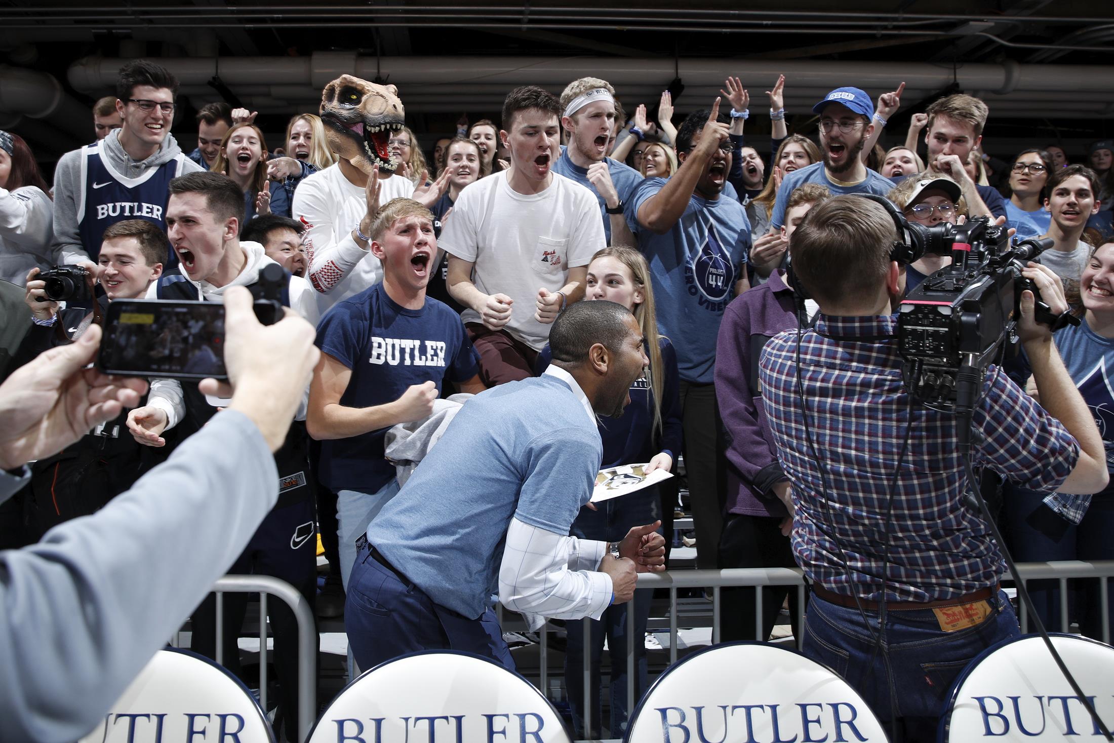 INDIANAPOLIS, IN - JANUARY 24: Butler Bulldogs head coach LaVall Jordan celebrates with fans after a game against the Marquette Golden Eagles at Hinkle Fieldhouse on January 24, 2020 in Indianapolis, Indiana. Butler defeated Marquette 89-85 in overtime. (Photo by Joe Robbins/Getty Images) *** Local Caption *** LaVall Jordan