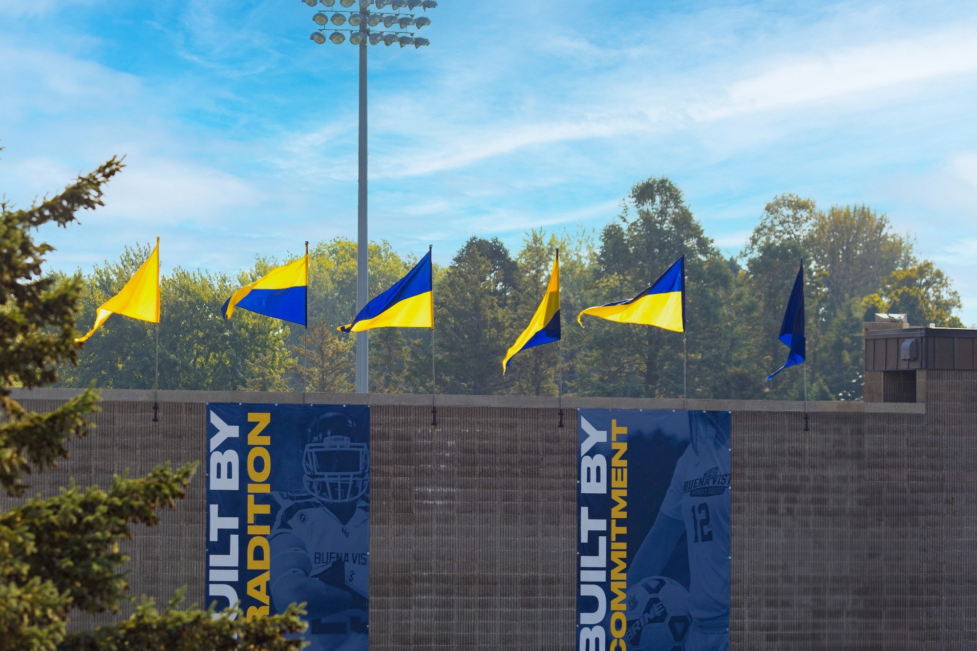 Stadium facade with flags