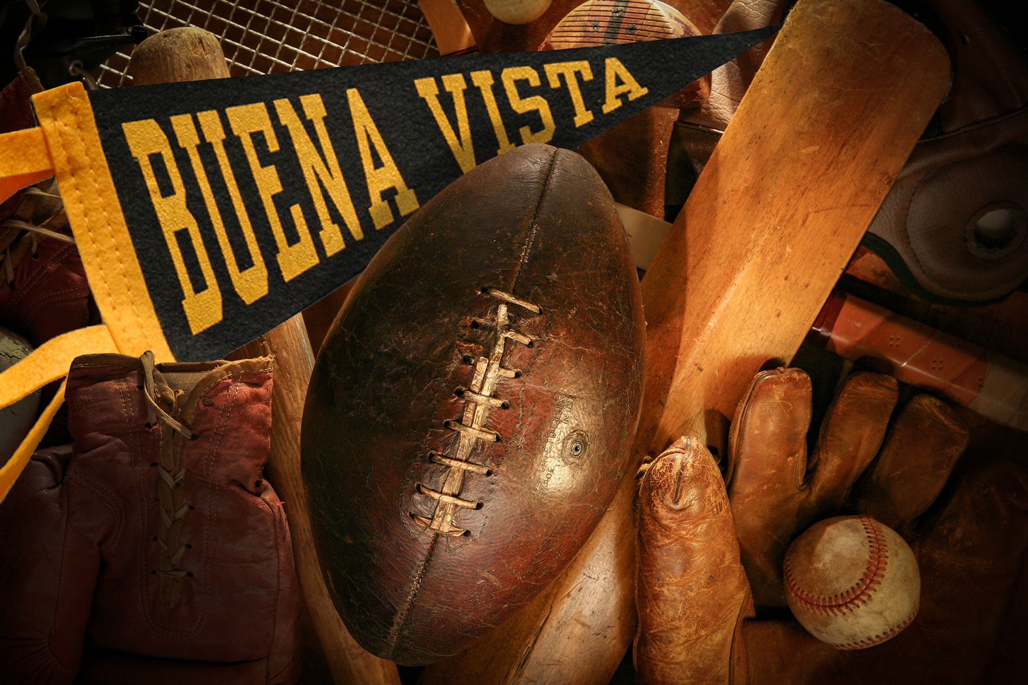 Antique sports equipment with Buena Vista pennant