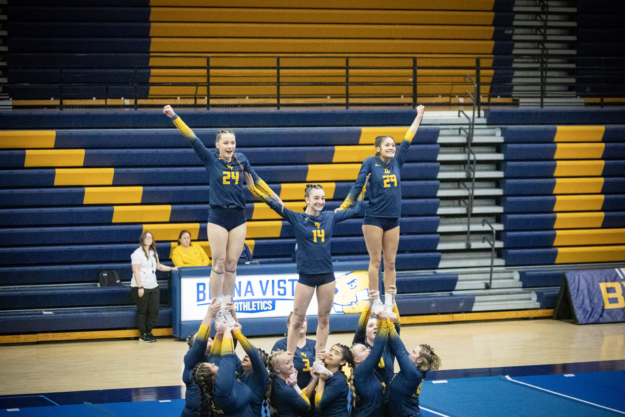 Cassidy Weide, Kambree Hultquist, and Dayana Bueso, BVU STUNT vs. Concordia
