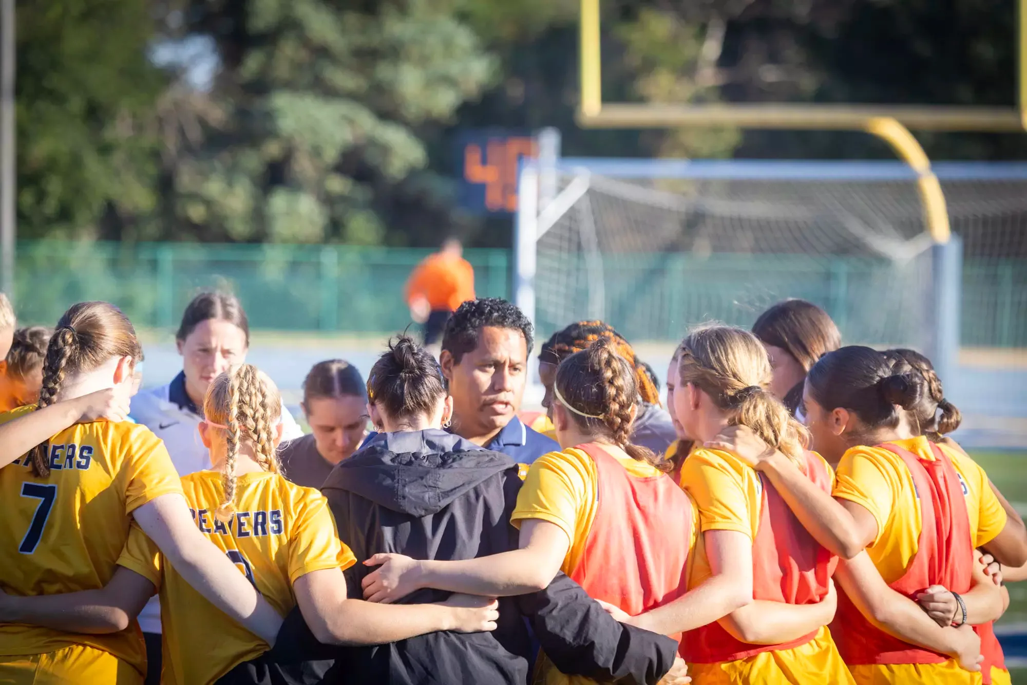 Pregame huddle, BVU women's soccer vs. Coe