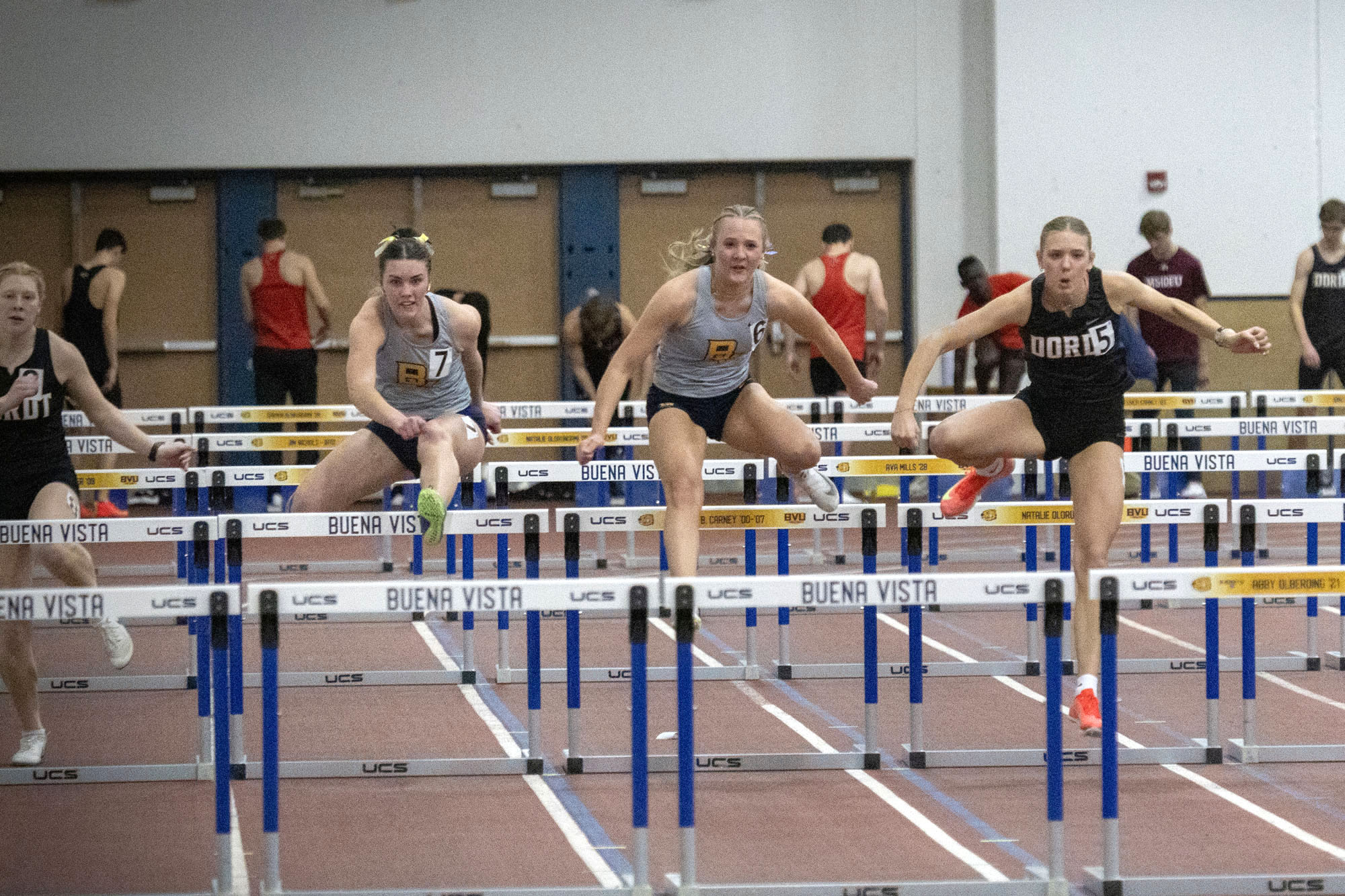 Ava Mills and Hailey Hearting run the 60m hurdles, Dennis Young Indoor Classic