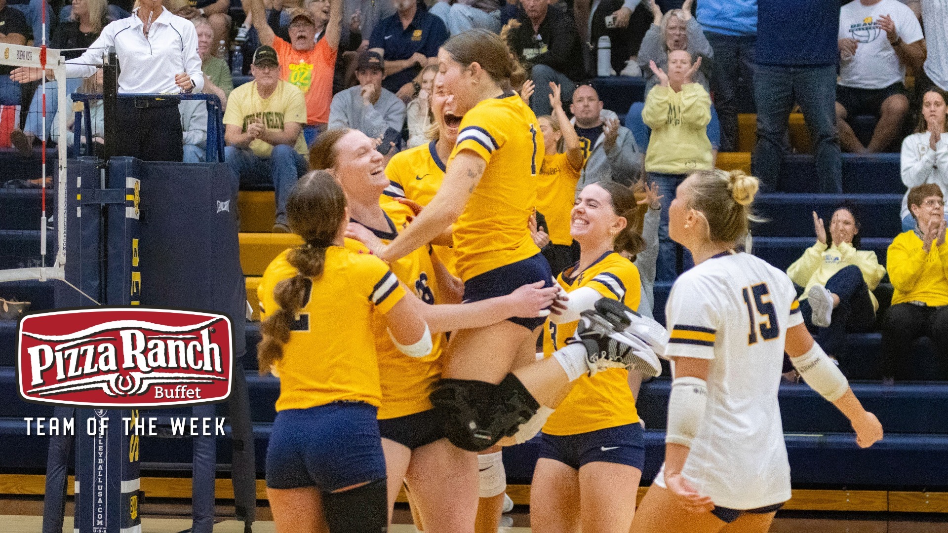 Volleyball celebration with Pizza Ranch logo