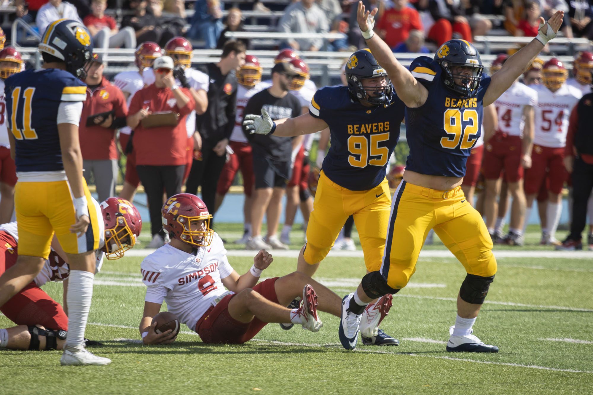 Sarafin Galvin with a big QB sack, BVU football vs. Simpson