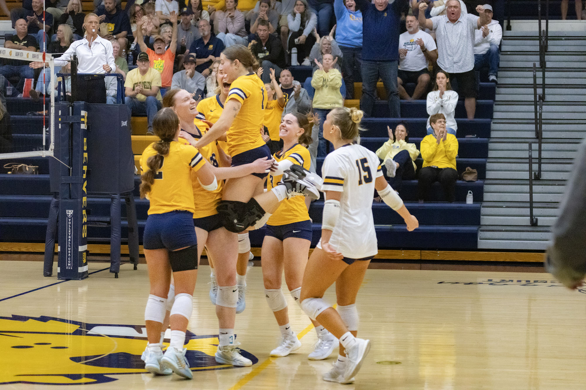 Beavers celebrate, BVU volleyball vs. Nebraska Wesleyan