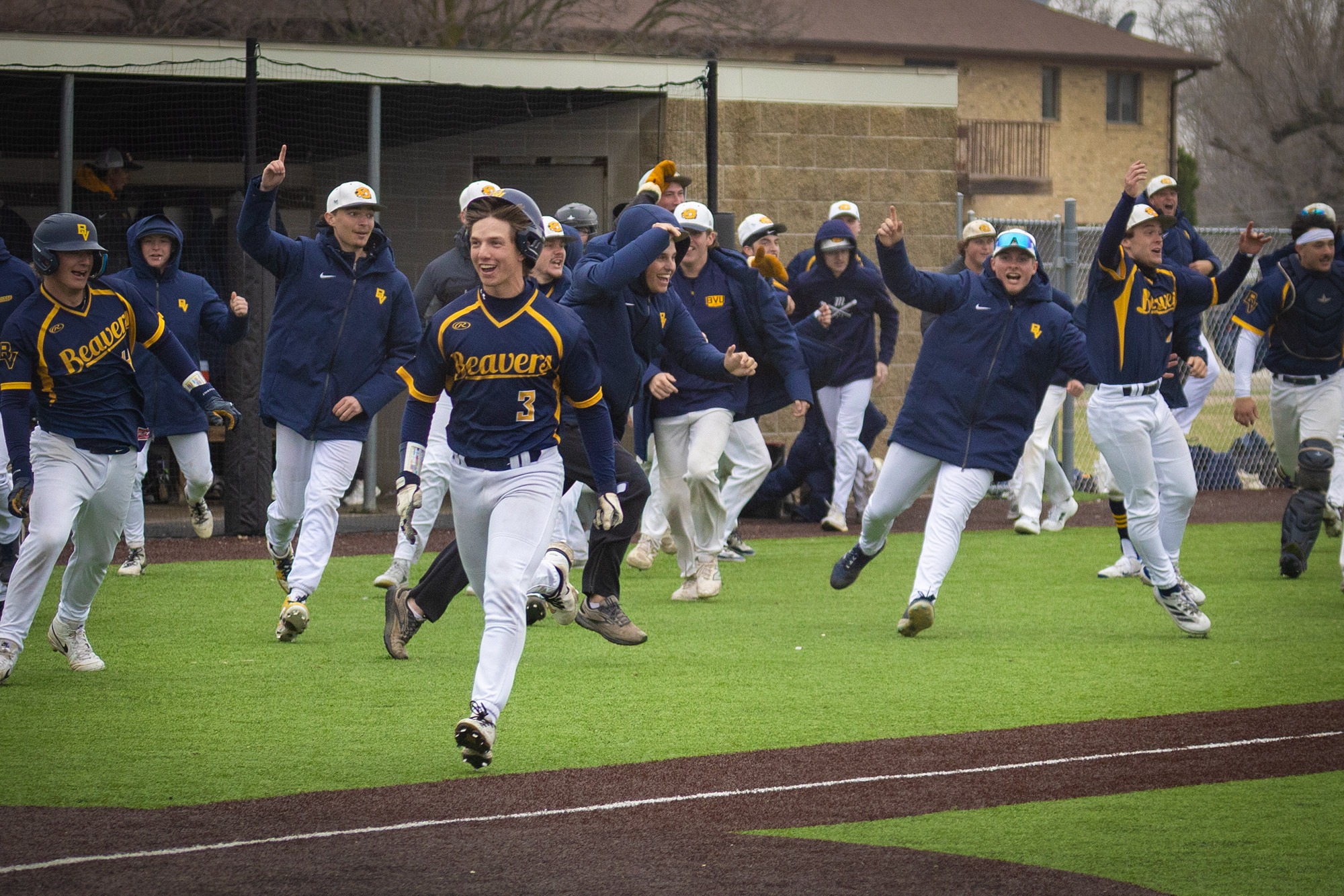 Beavers celebrate a walk-off victory over Coe