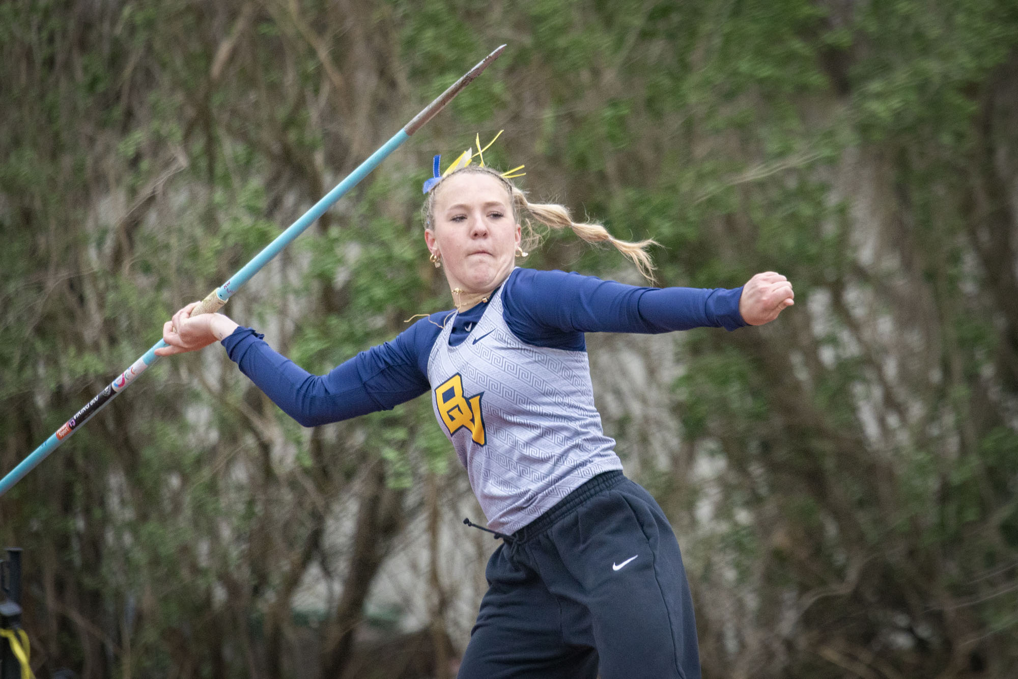 Hailey Hearting in the heptathalon javelin throw, BVU track & field at Red Raider Open