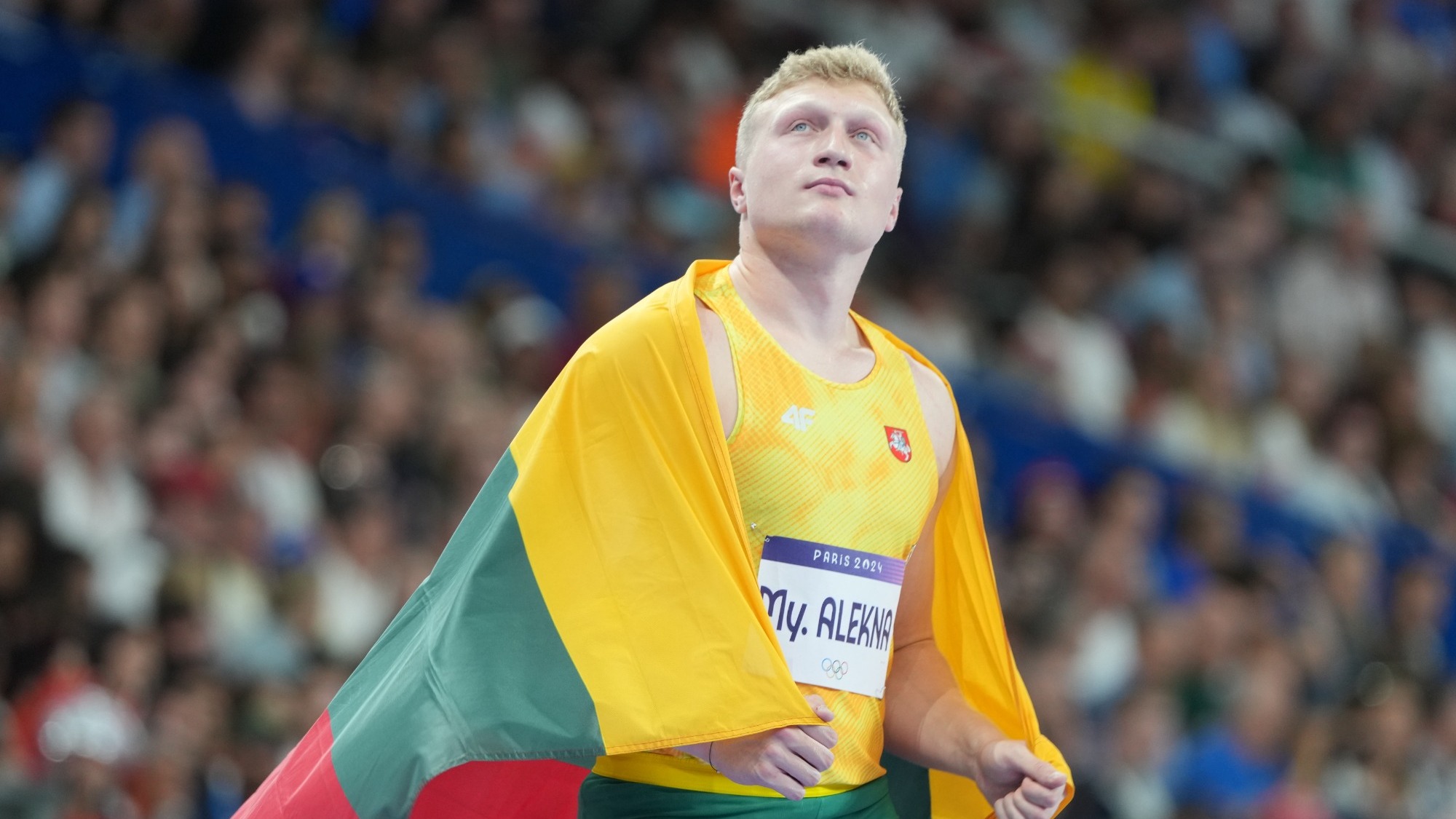 Aug 7, 2024; Saint-Denis, FRANCE;  Mykolas Alekna (LTU) reacts after finishing in second in the men's discus throw final during the Paris 2024 Olympic Summer Games at Stade de France. Mandatory Credit: Kirby Lee-USA TODAY Sports