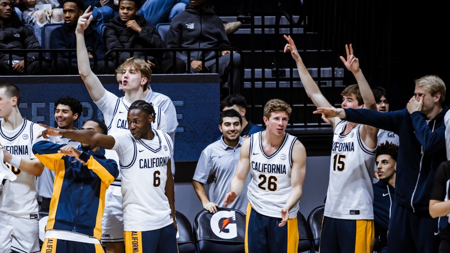 Cal bench players cheer a basket scored by the Bears at Haas Pavilion