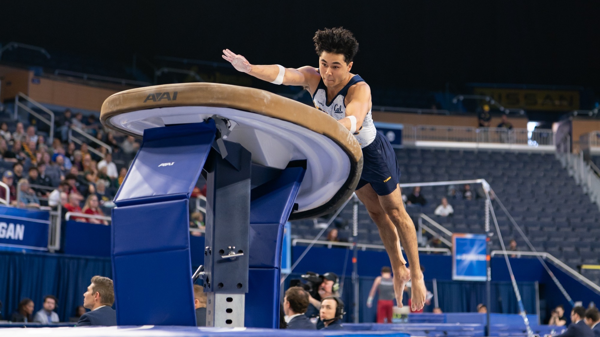 04/18/2025 Cal Men’s Gymnastics at the 2025 NCAA Men’s Gymnastics National Championship at the Crisler Center in Ann Arbor, MI on April 18, 2025.