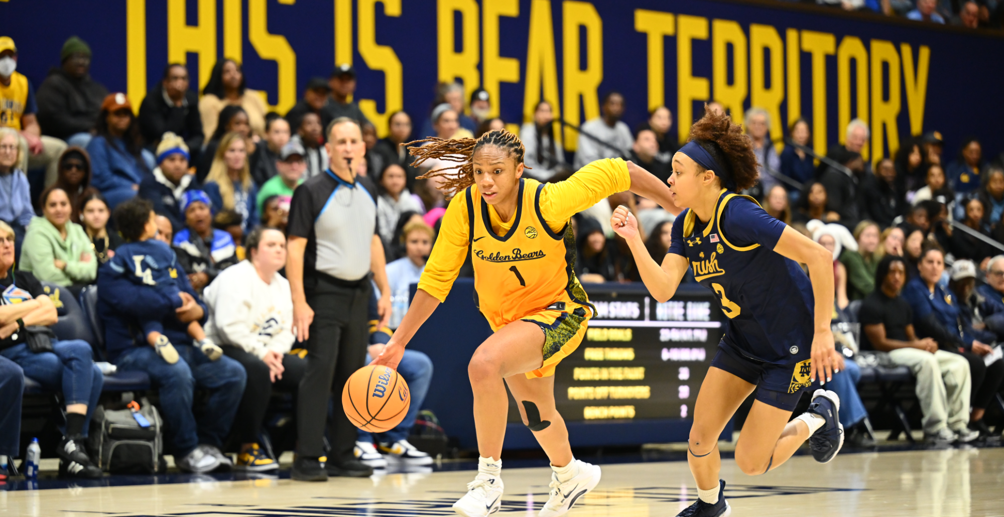 Cal WBB: Mjracle Sheppard driving against Notre Dame