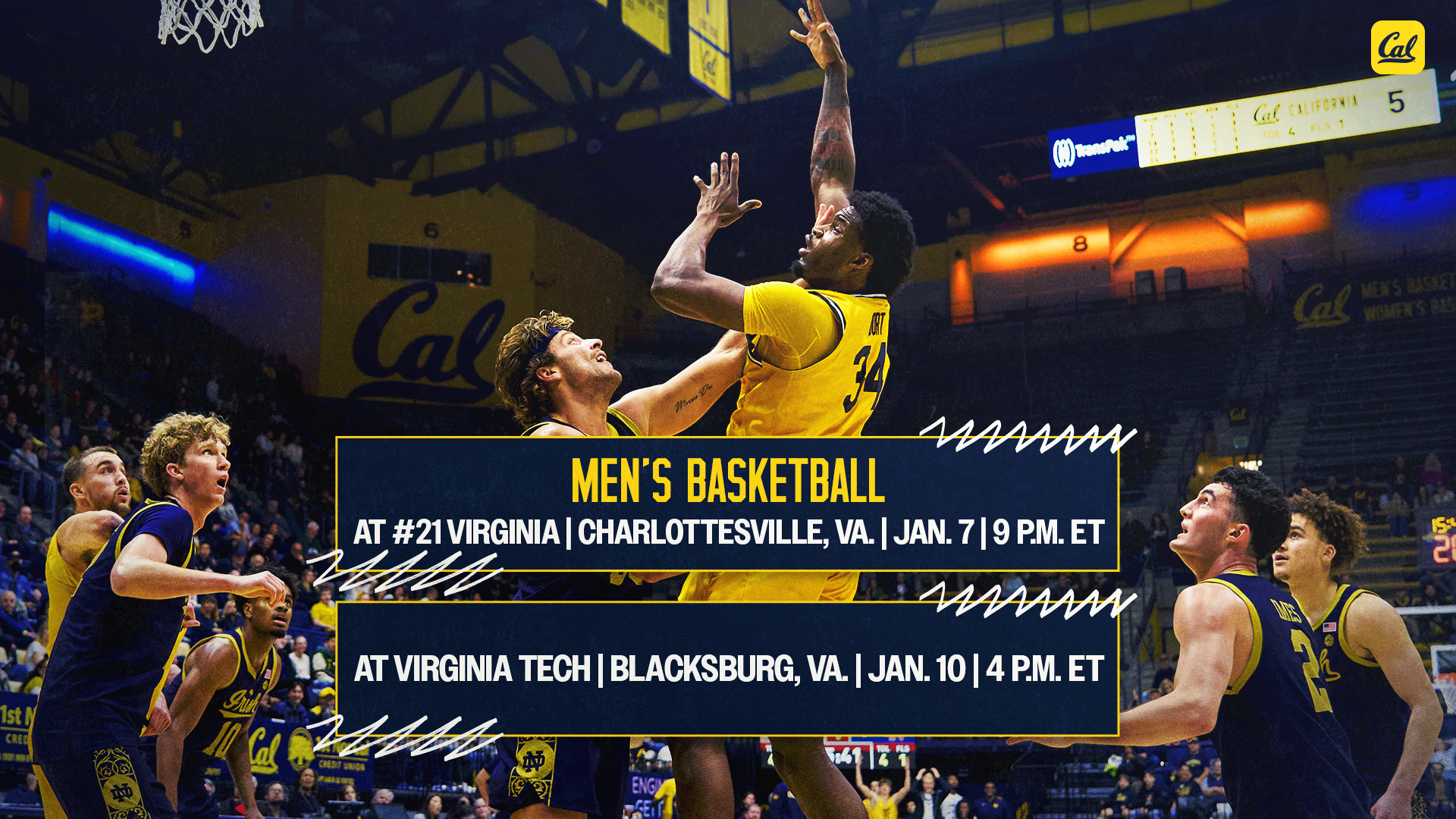 Lee Dort rises up for a shot vs. Notre Dame - Cal preview graphic