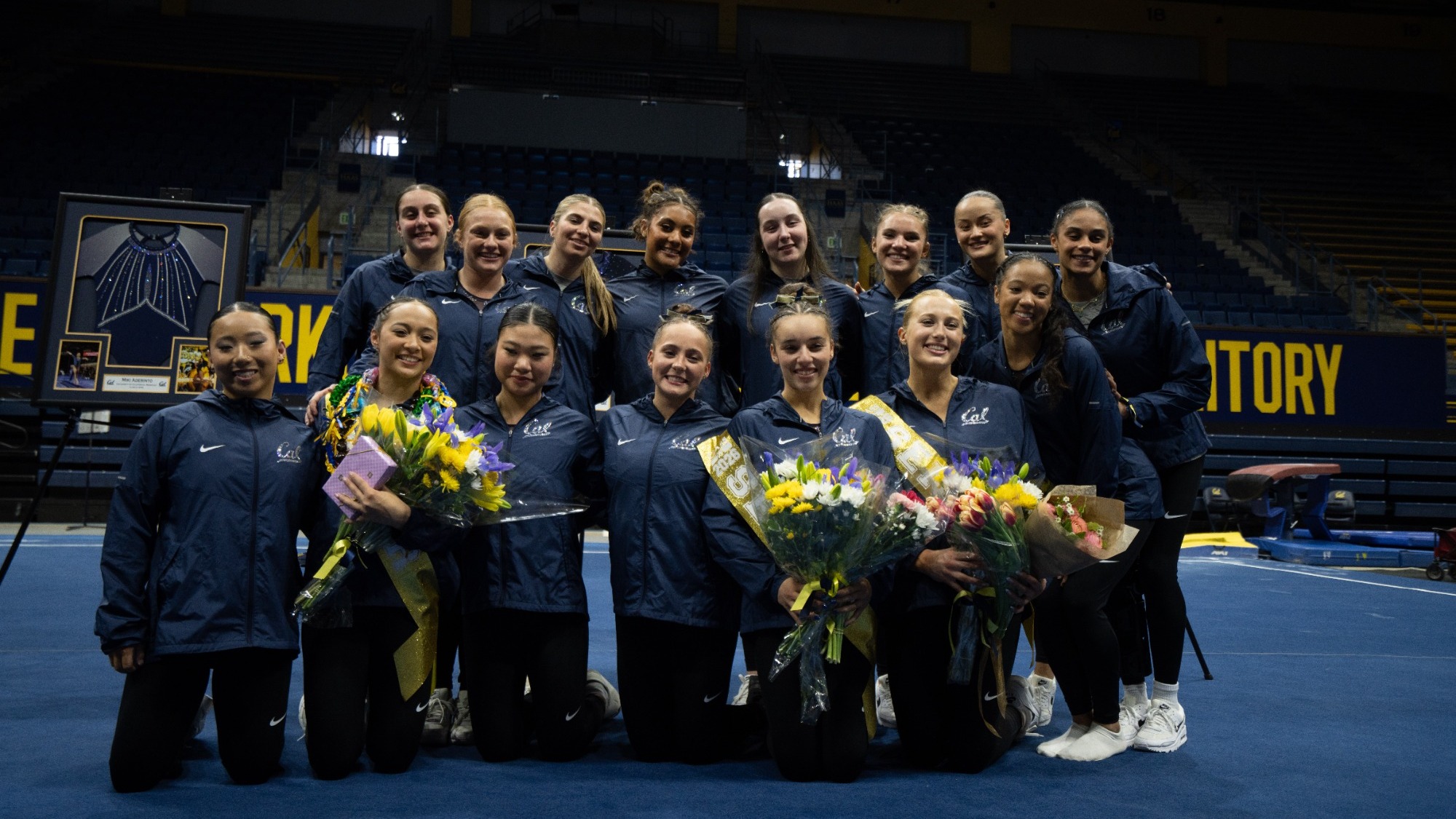 Team photo after senior day quad meet. Cal Quad Meet, Sunday March 15th, at Haas Pavilion, Berkeley California. Mandatory Credit: Kahlil Gray / KLC Fotos