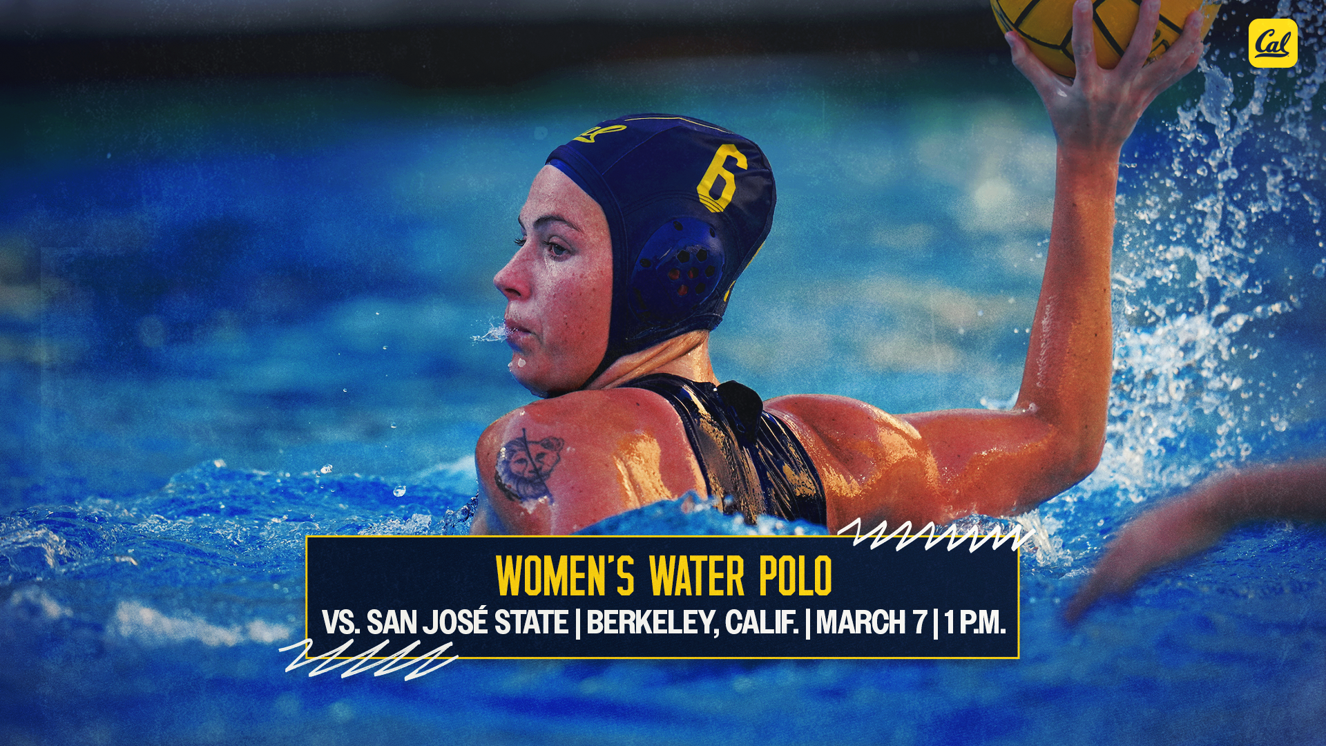 Feline Voordouw looks to attack in a game at Spieker Aquatics Complex - Web Preview Graphic