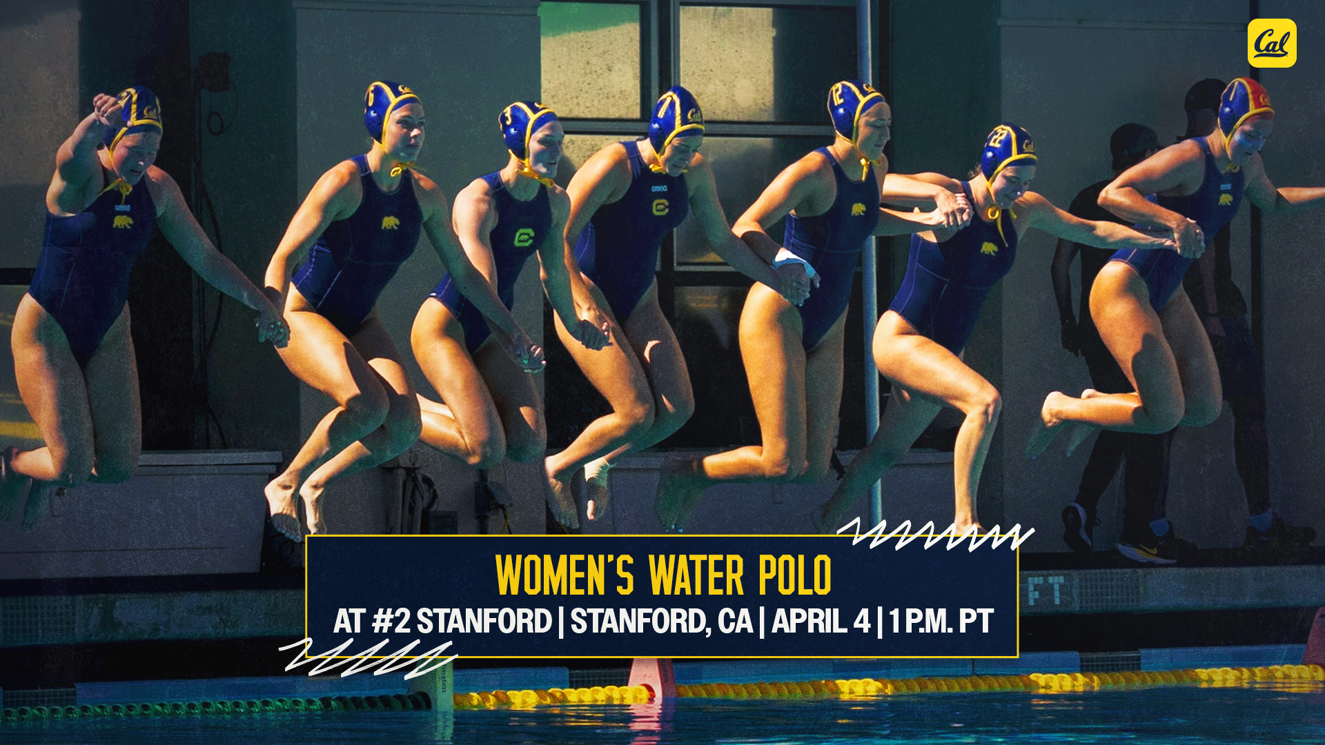 Cal starters jump into the pool before a game at Spieker Aquatics Complex - web preview graphic