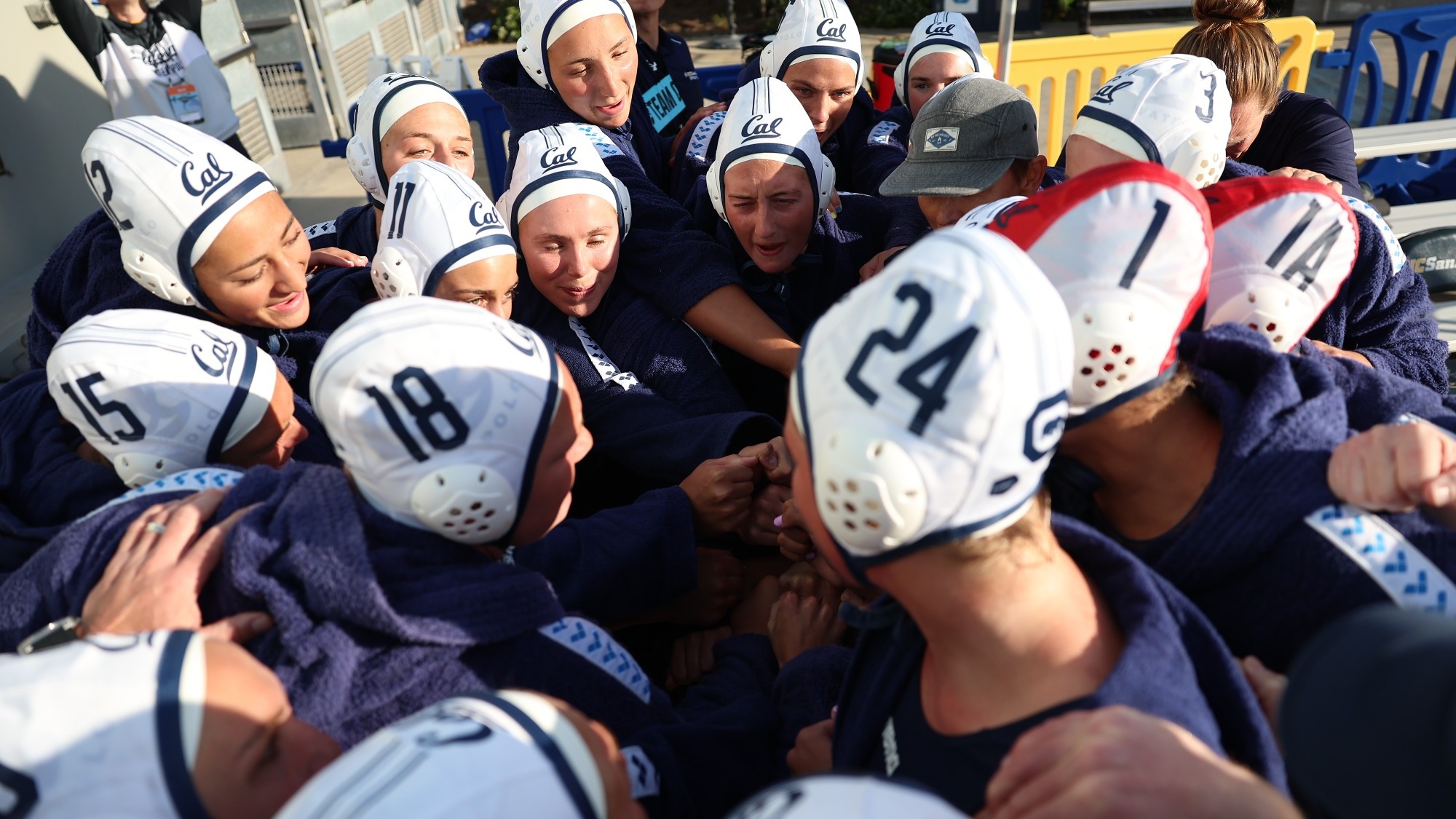 Cal players huddle up before the 2026 NCAA championship game in La Jolla