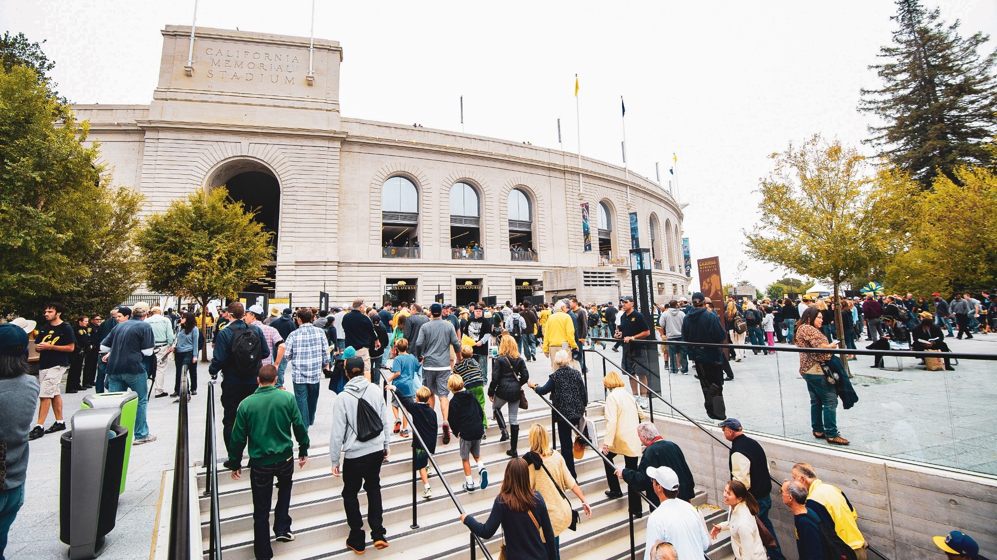 California Memorial Stadium exterior with fans arriving for a game day