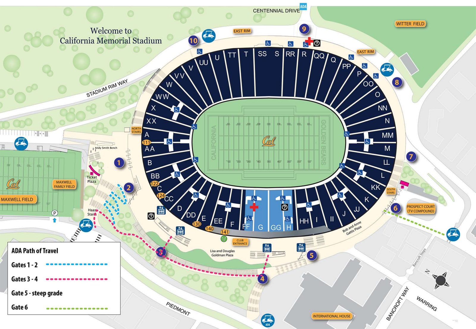 California Memorial Stadium ADA path of travel map showing accessible routes from Gates 1 through 6, golf cart dropoff points, and accessible seating locations