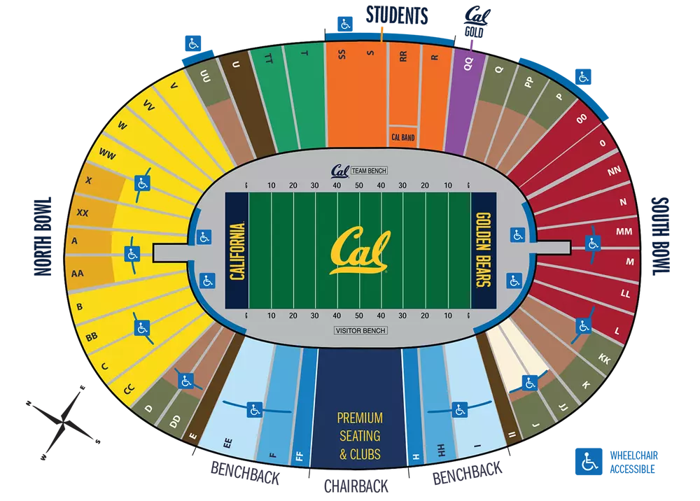 California Memorial Stadium seating chart with wheelchair-accessible sections marked throughout the North Bowl, South Bowl, and East Rim