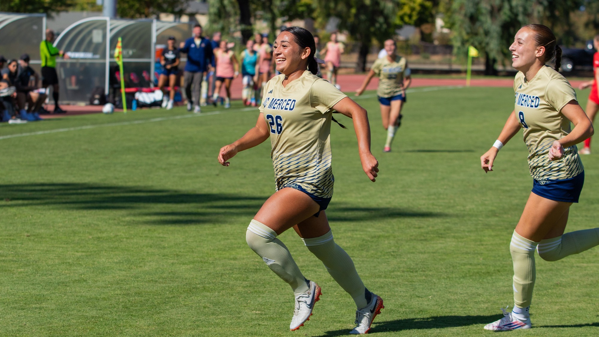 Jocelin Roa celebrating a goal against Stanislaus State on October 11, 2026.